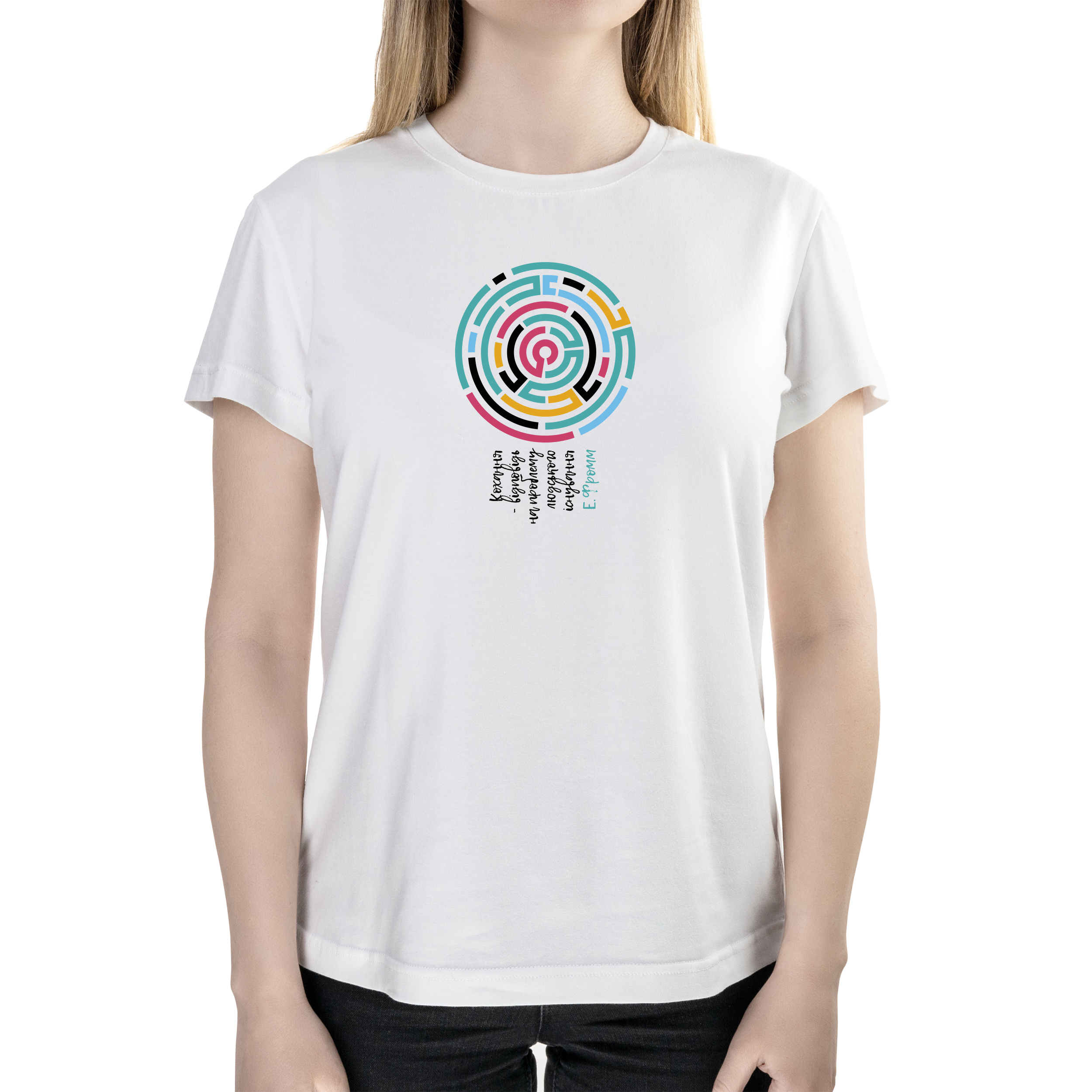 Футболка женская полуприталённая белая хлопок/эластан А4 размера Кохання відповідь - на проблему людського існування XS - фото 1 - Футболки